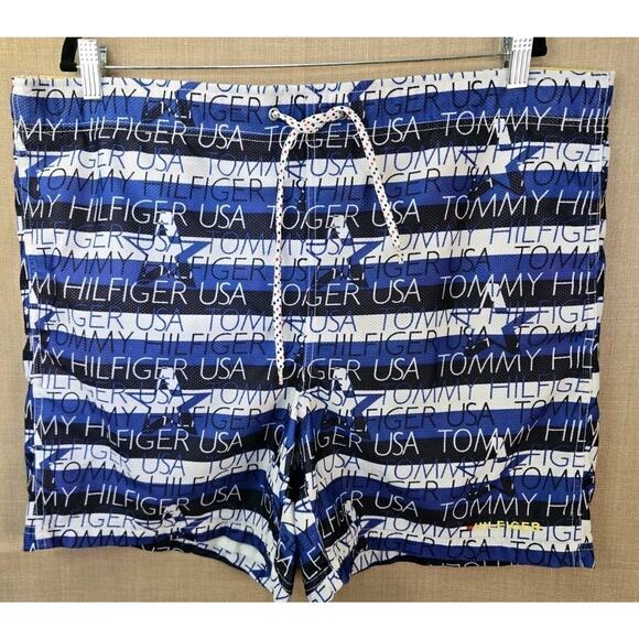 Tommy Hilfiger Men's Large Blue Navy White All Over Spell Out Swim Trunks‎ Pool - Picture 1 of 6
